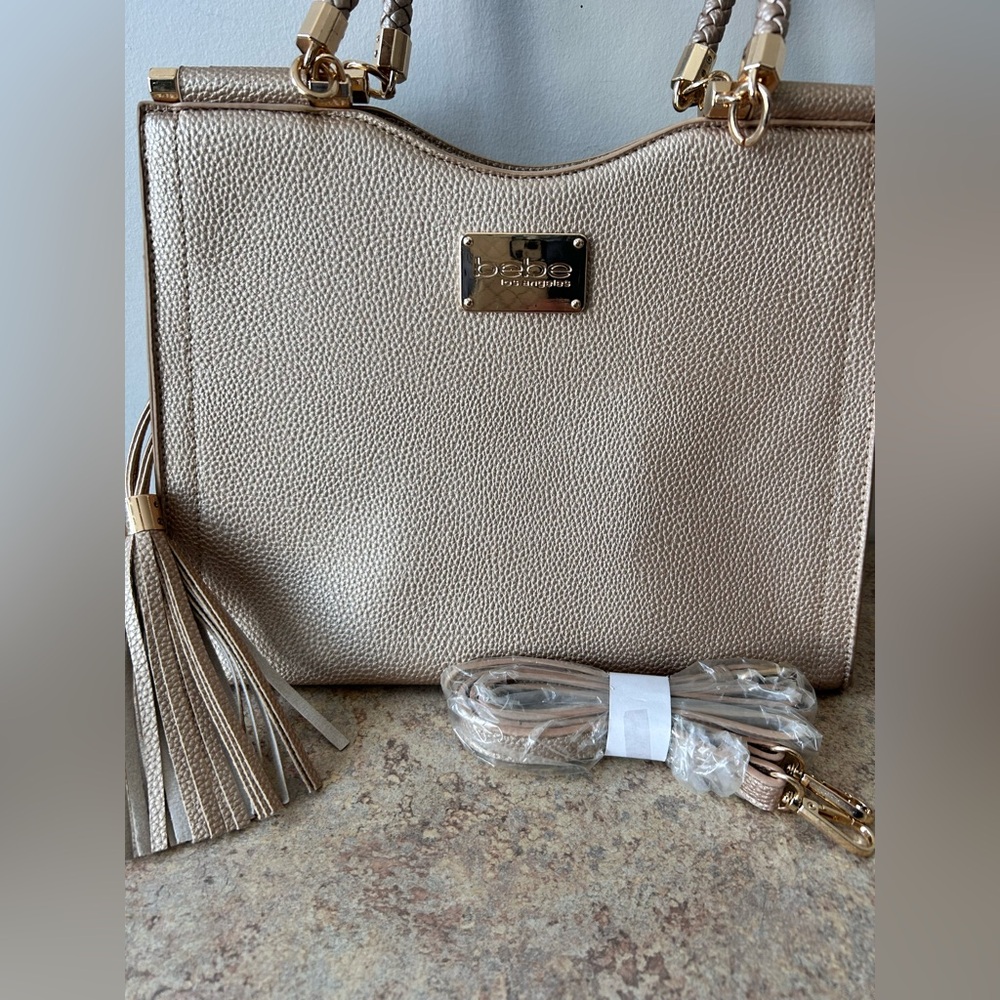 Bebe NWOT Soft Gold Faux Pebbled Leather Shoulder Bag with strap - Picture 2 of 11